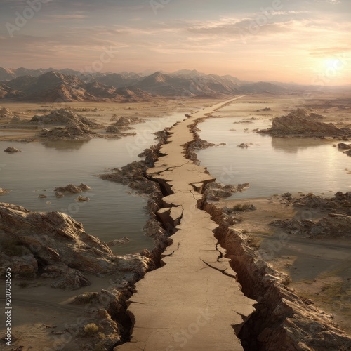 Cracked Earth Perspective Leading to Distant Mountains and Sunset Over Water in Arid Landscape
