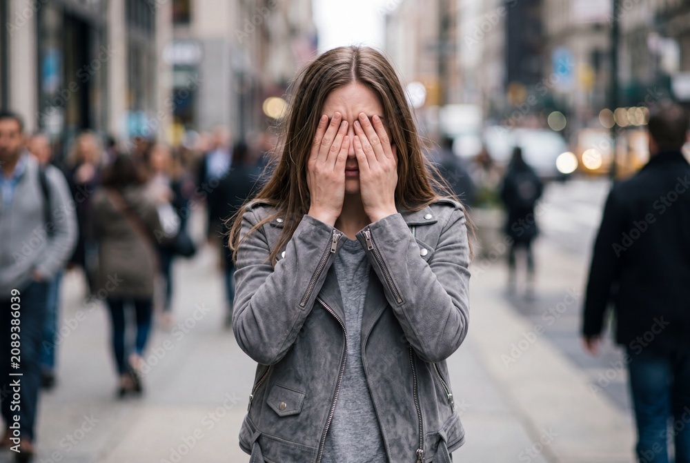 Fototapeta premium A distressed young woman standing in the middle of a crowded city street while covering her face with her hands, expressing feelings of overwhelm, anxiety, or sadness.