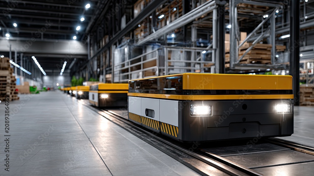 Obraz premium Modern manufacturing facility showcases robotic production lines and autonomous transport robots working in intelligent logistics system