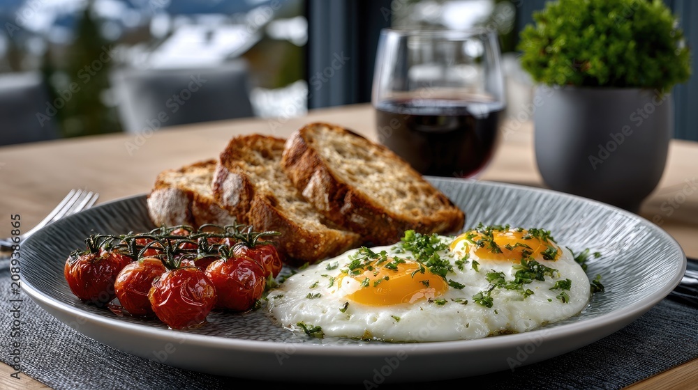 Fototapeta premium Mountain breakfast on luxury terrace with gourmet bacon, artisan eggs, and sourdough bread, set against a panoramic alpine sunrise