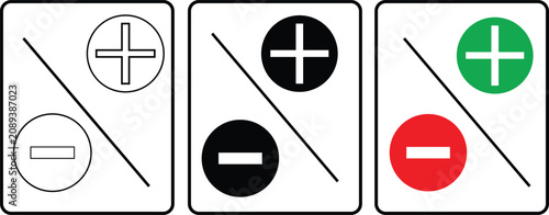 Minimalist plus and minus icons set, mathematical addition and subtraction symbols in EPS format, positive and negative charge signs for UI design