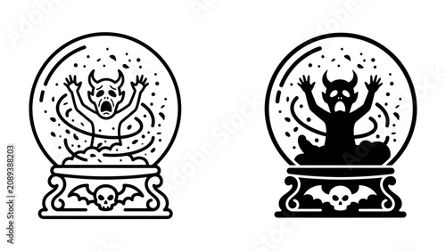 Fotografija Trapped Demon Snow Globe: A stylized illustration of a snow globe featuring a screaming, horned demon with outstretched arms, swirling amidst a blizzard of dots, symbolizing confinement and distress