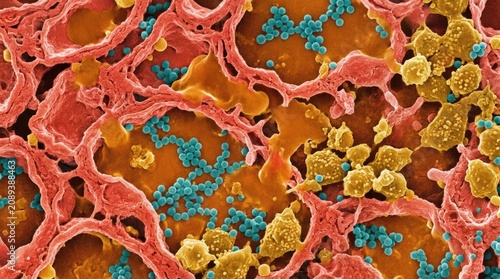 Hantavirus virion infecting cellular structure, false-color electron micrograph showing pathogen interaction within pulmonary alveolus tissue, representing infectious disease.