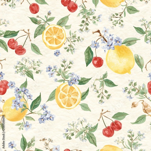 seamless pattern with fruits, lemon and cherry with small blue flower 