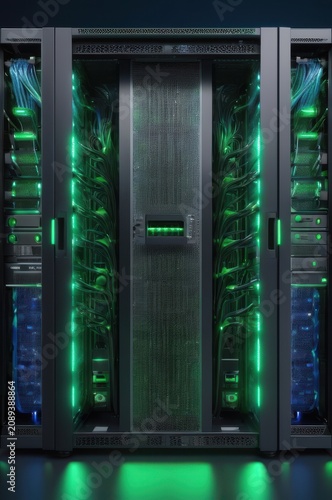 Clear front view of data rack showing ports, vent patterns, and LED glow in sharp detail. Generative AI