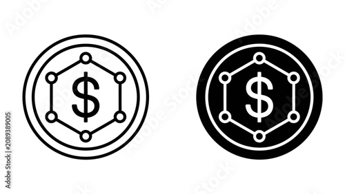 Принти на полотні Digital Coin Icon: A modern digital coin icon, presented in both outline and filled black versions, features a dollar sign encased within a hexagonal network