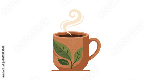 Εκτύπωση καμβά Steaming Cup of Coffee with Leaf Pattern on White Background