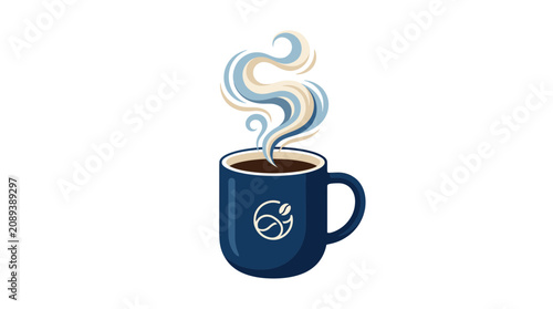 Foto Steaming Hot Coffee Cup with Swirling Steam, Dark Blue Mug, Coffee Bean Logo