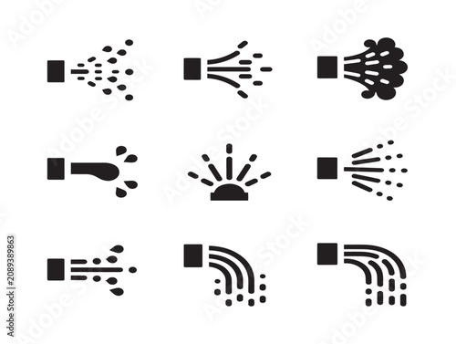 Water Spraying Icons Set Showing Liquid Flow and Mist in Solid Black Style