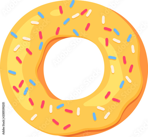 Fotografie Donut with yellow frosting and colorful sprinkles on a white background