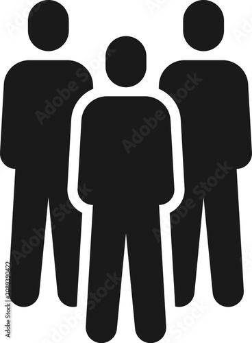 Three stylized person icons forming a group, symbolizing gathering and social connection