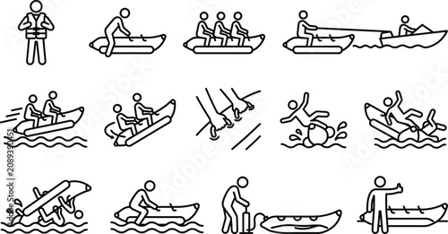 Obraz na plátně Set of simple black line icons showing hotel guest activities like sleeping show