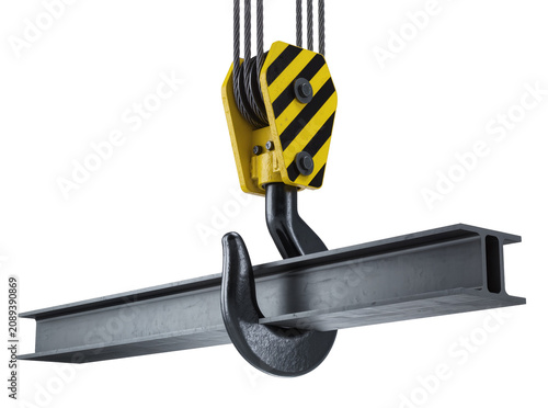 Fotografie Isolated heavy duty crane hook lifting steel I-beam for construction and industr
