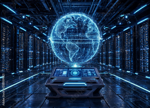 Futuristic server room with glowing blue interface and global network connection transparent background