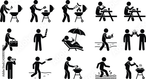 Cuadro en lienzo Set of kiteboarding and kitesurfing icons showing people preparing equipment and