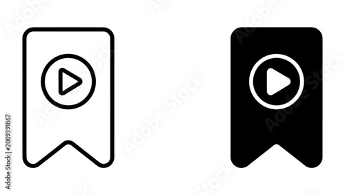 Billede på lærred Bookmark Icon with Play Button: Two distinct bookmark icons, one outlined and one solid black, each featuring a play button symbol, representing media content and saved items