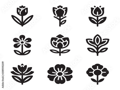 Collection of floral line solid black silhouette icons for nature design