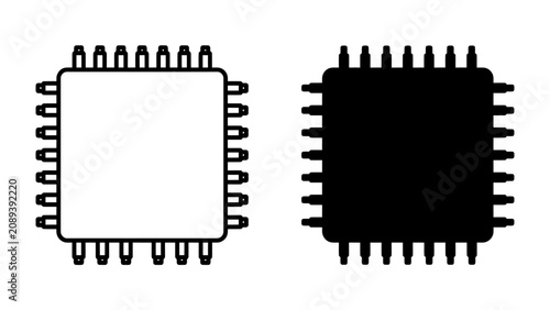 Tableau sur toile Processor Microchip Icon: A square microchip processor icon in both white outline and solid black silhouette, representing digital technology and computer hardware