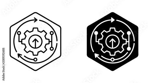 Photography Mechanism Icon: A stylized gear mechanism enclosed in a hexagonal frame, symbolizing industrial processes, technological advancement, and mechanical engineering