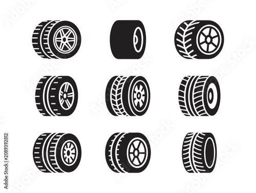 Set of black tire silhouettes showing various tread patterns and wheel rims