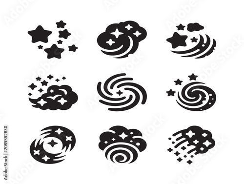 Black Star Dust Icons Set Featuring Swirling Galaxy Shapes and Celestial Elements