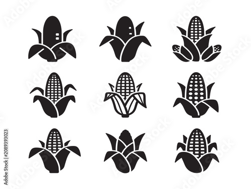 Collection of corn stalk icons featuring solid black silhouettes in a minimalist vector style