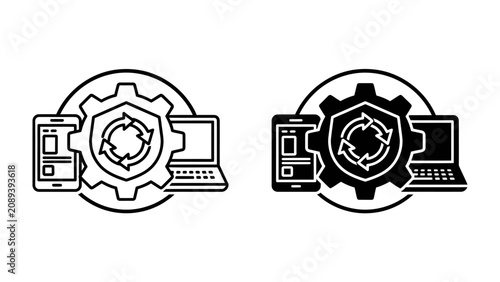 Digital System Optimization Icon: A clean and modern icon representing the optimization of digital systems, featuring a gear, a shield with refresh symbols.