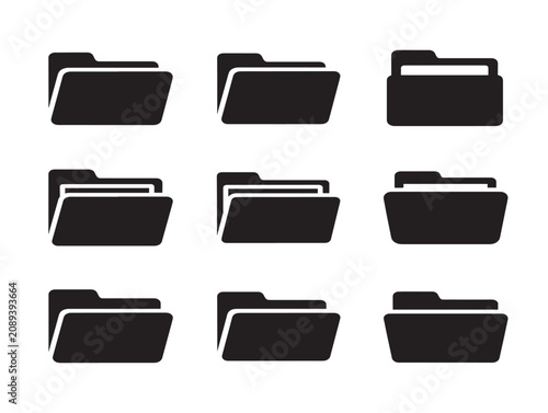 Set of solid black folder icons representing digital file management system
