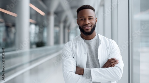 business portrait of african man doctor in bright modern hospital background