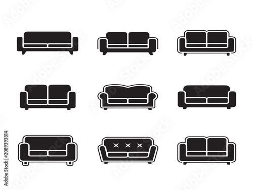 Minimalist Sofa Icon Set Featuring Various Couch Designs in Solid Black Style