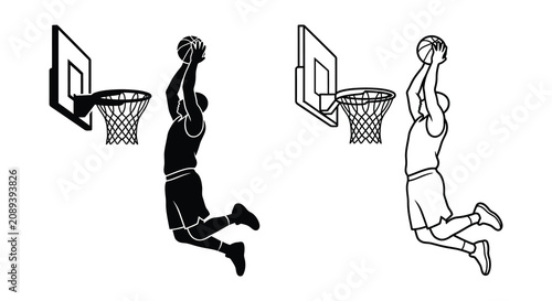 Cuadro en lienzo Basketball player dunking with hoop and net a black and white silhouette sports