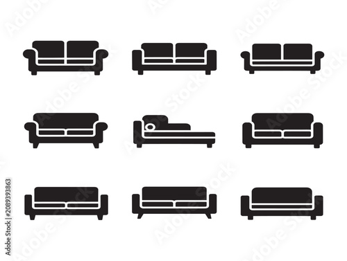Minimalist Sofa Icon Set Featuring Various Couch Styles in Solid Black Vector