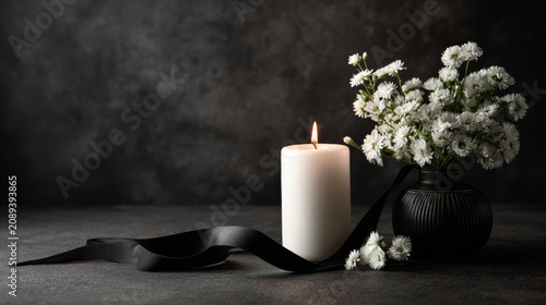candle, flowers and black ribbon on dark background with copy space
