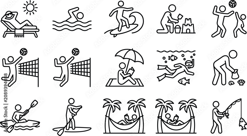 Fototapeta premium Set of black line icons depicting people using maps gps navigation and travel tools for finding directions and planning routes for outdoor adventure or city trips on a simple layout