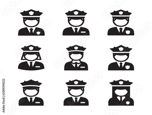 Police officer solid black silhouette icon set for security and law enforcement