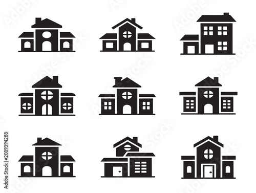Collection of solid black house silhouettes for architectural design projects