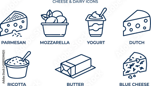 Foto Illustration of various cheese and dairy products icons including butter, yogurt, and cheese types