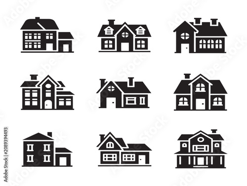 Collection of old house solid black silhouette icons for architectural design