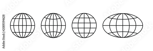 Minimalist Globe Grid Line Icon Set - Abstract Black Outline Earth Sphere Symbols, Modern Global Network and World map Coordinate Concept