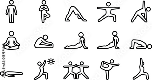 Fotografia Set of human yoga poses and fitness exercise icons showing people in various med