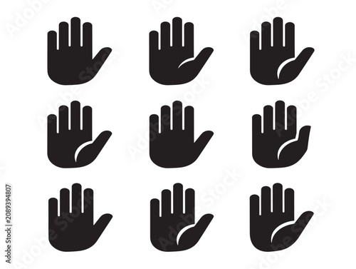 Stop hand gesture icon set featuring solid black silhouettes on white background