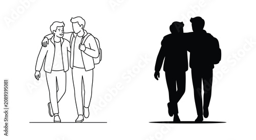 Cuadro en lienzo Two men walking with arms around each other depicted in line art and black silho