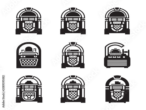 Jukebox solid black silhouette icon set for retro music player design