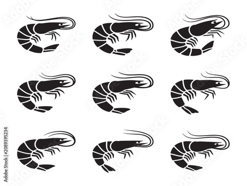 Prawn Silhouette Icon Set Featuring Minimalist Black Vector Sea Creatures