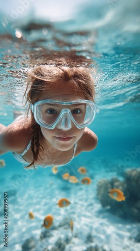 cute little girl snorkeling near the tropical beach with palm trees, underwater view with beautiful fishes