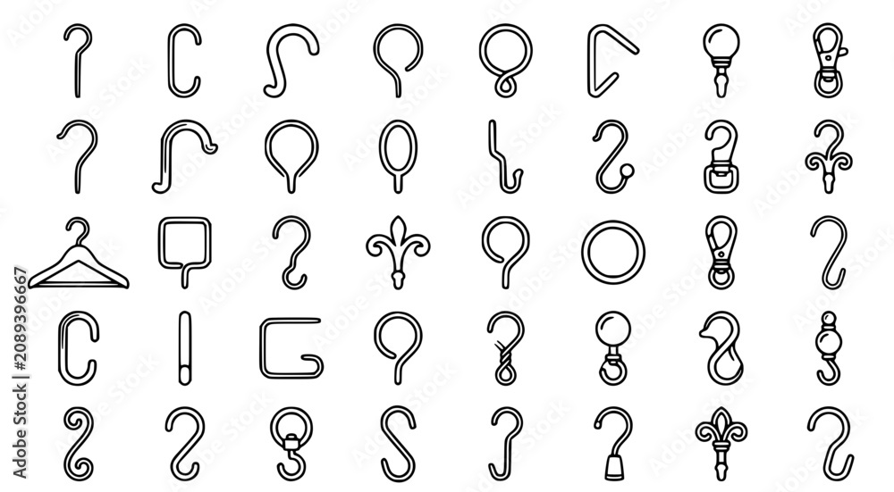 Fototapeta premium Collection of metal hooks and hardware fasteners in minimalist black line art vector style for storage solutions and organizational design projects