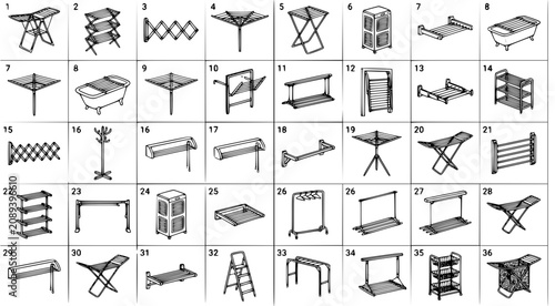 Comprehensive set of foldable laundry drying rack designs for household organization illustration
