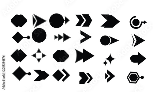 Solid black quirky geometric navigation arrow stamps isolated on white background, minimal monochrome interface pointer stencils bundle, universal clean print interface graphics chart