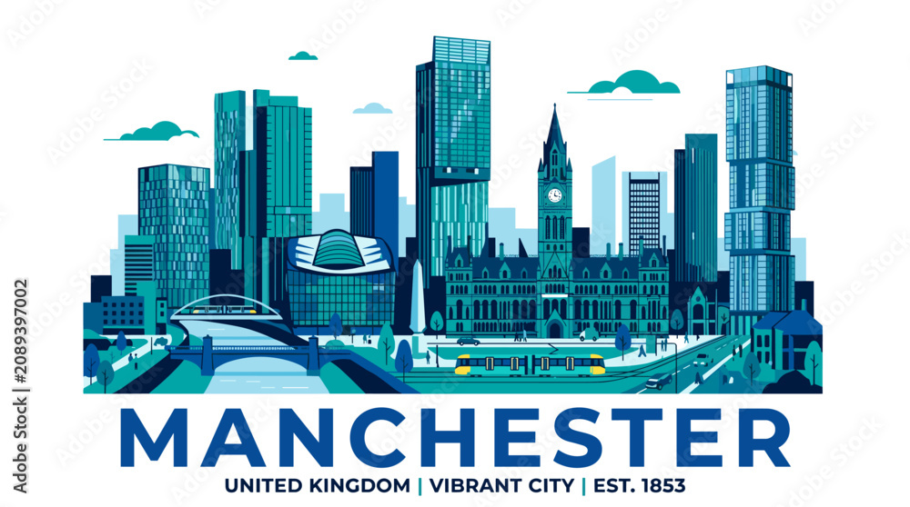 Fototapeta premium Manchester United Kingdom Skyline with Historic Town Hall and Modern Towers in Blue and Teal Flat Vector Illustration