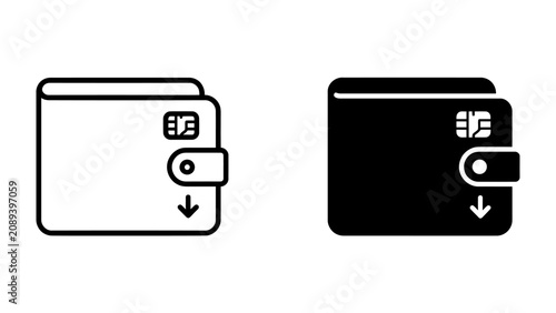 Photos Wallet Icon Set: A set of minimalist icons representing a wallet, complete with a credit card slot and a fastening tab, available in both outline and solid black styles